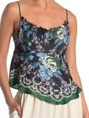 NWT Free People Black Green Blue Cream Floral Cami Top - Handkerchief Style - M
